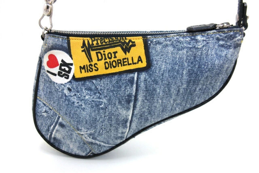 Christian Dior handbag saddle Pouch Clutch painted denim calfskin Indigo Blue